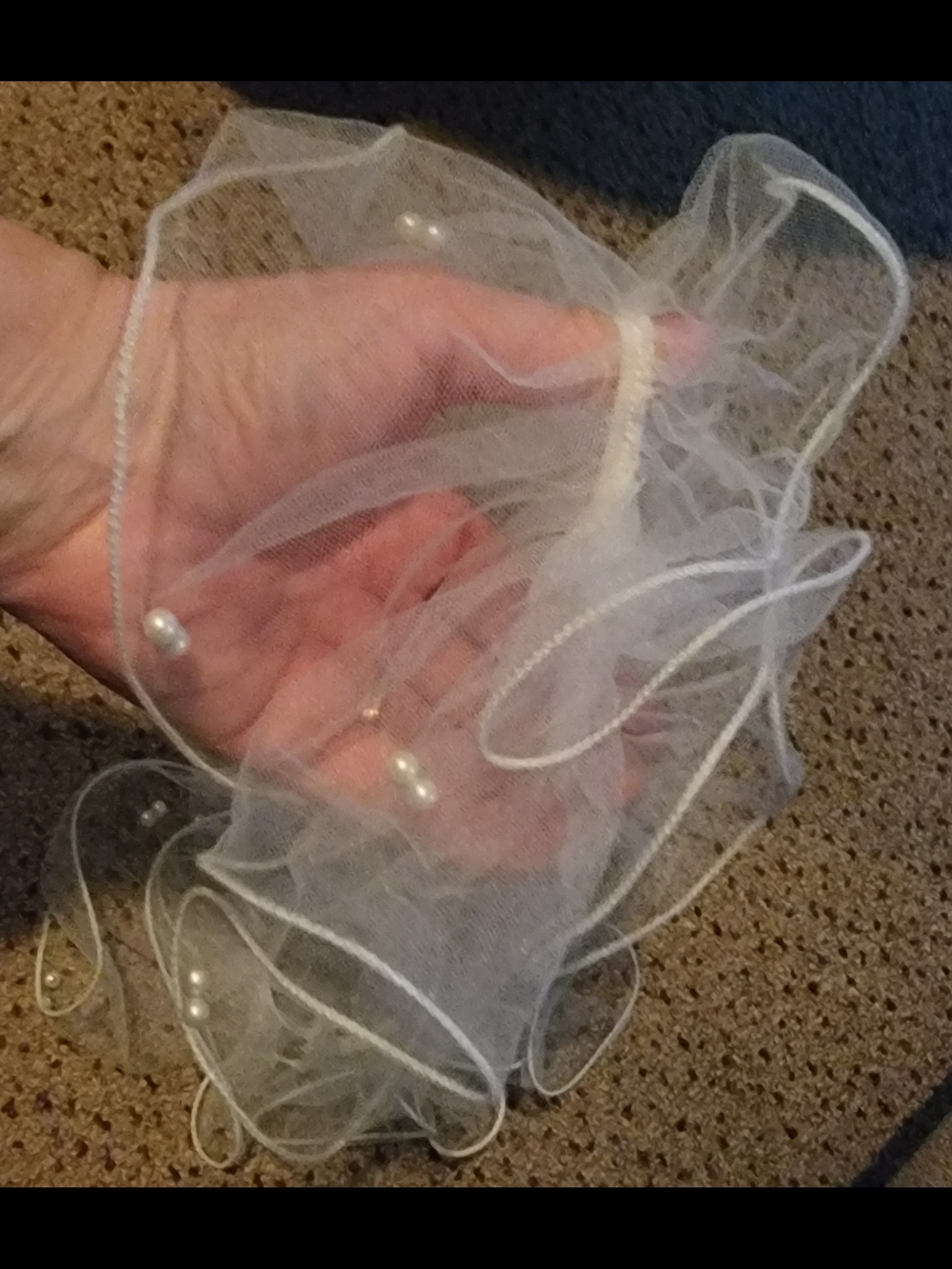 White Decorative Tulle Hair Scrunchie with Pearl Accents